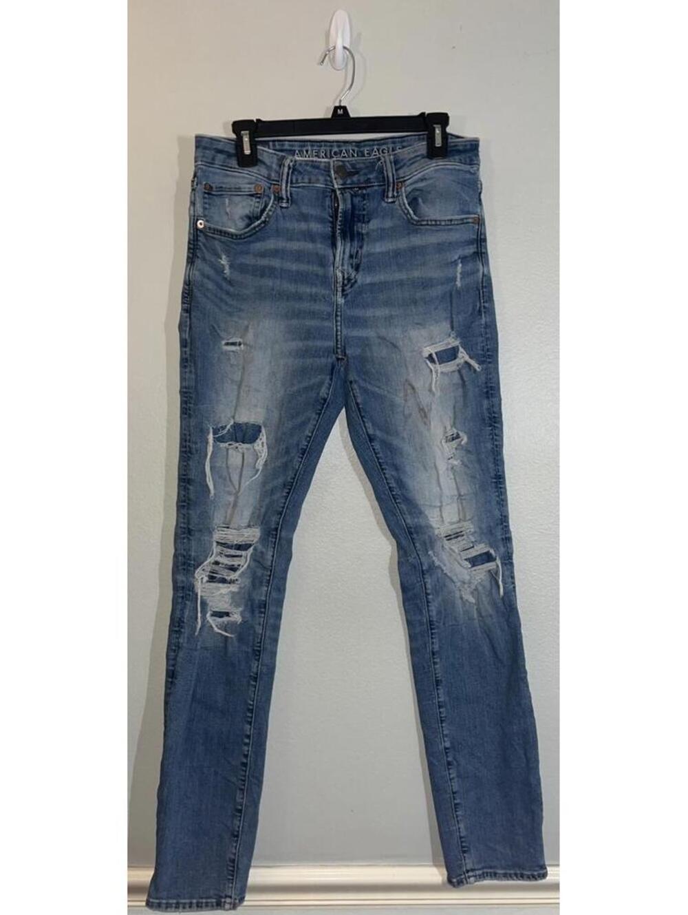 American Eagle Jeans Mens 34x32 Airflex Light Wash Blue Ripped Distressed Denim